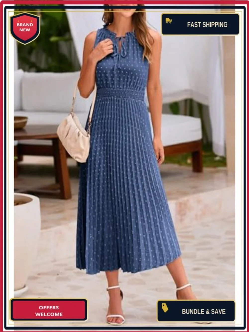 Swiss Dot V-Neck Midi Sundress Empire Waist Fit and Flare Sleeveless